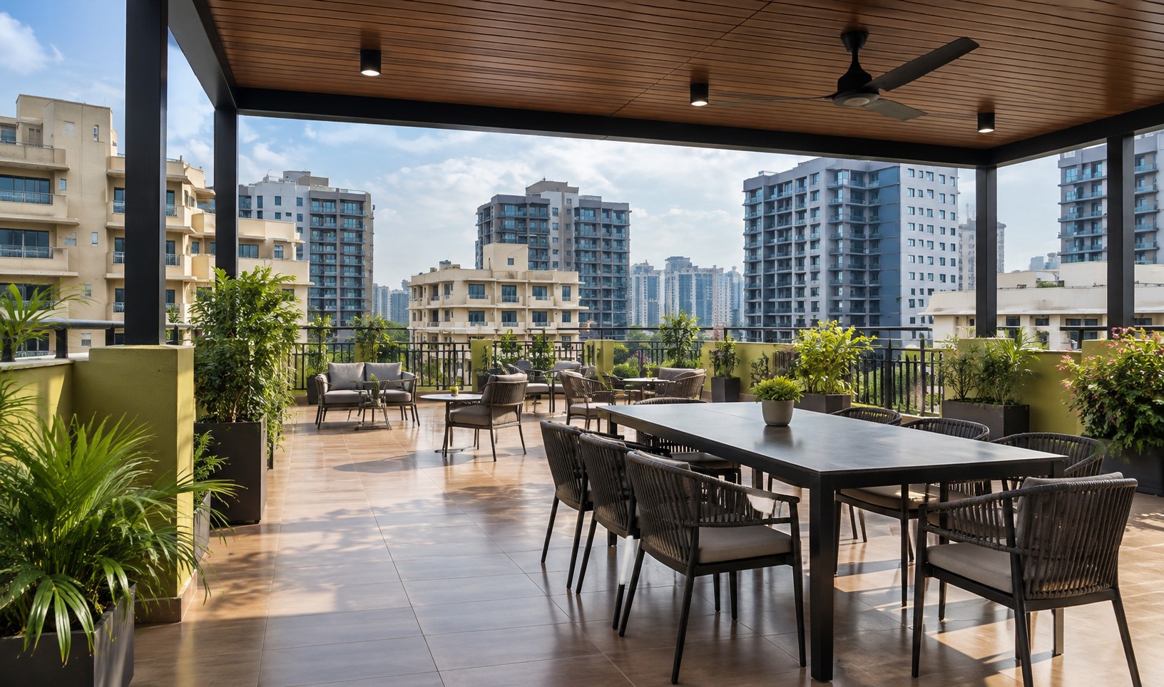 Covered terrace seating at URJA IT Park