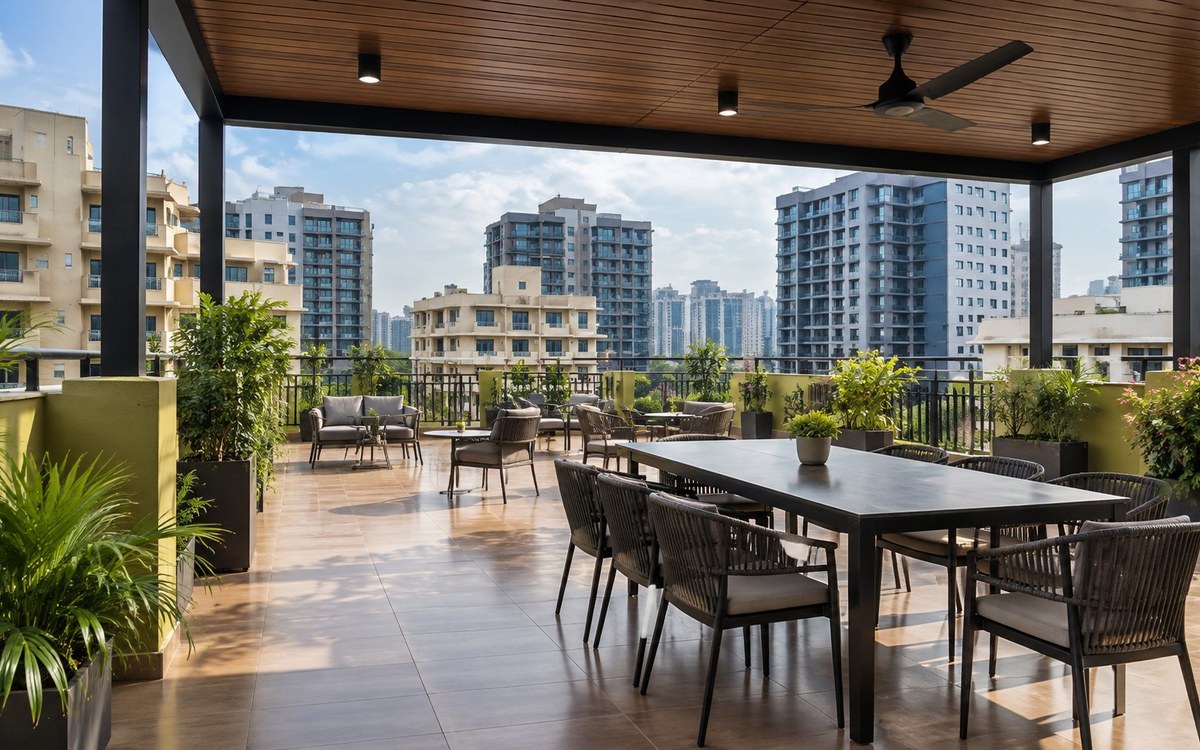 Covered terrace seating and city view